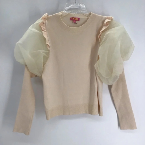 T H M L Women’s Sheer Puff Sleeve Sweater Top Creme NWOT Size Small - Picture 4 of 8